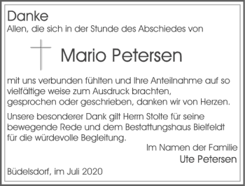 Traueranzeige von Mario Petersen von Landeszeitung