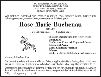 Traueranzeige von Rose-Marie Buchenau von Husumer Nachrichten