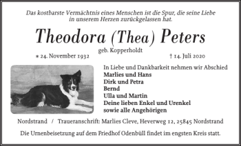 Traueranzeige von Theodora Peters von Husumer Nachrichten