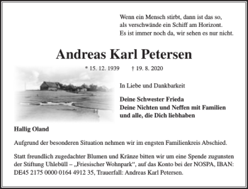Traueranzeige von Andreas Karl Petersen von Husumer Nachrichten