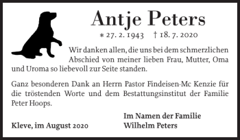 Traueranzeige von Antje Peters von Norddeutsche Rundschau