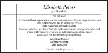 Traueranzeige von Elisabeth Peters von Landeszeitung