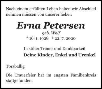 Traueranzeige von Erna Petersen von Flensburger Tageblatt