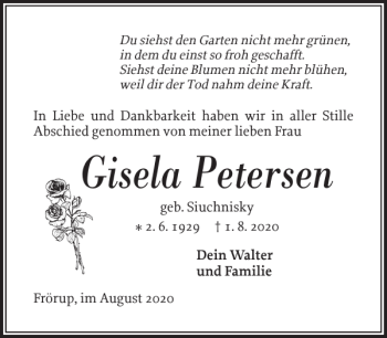 Traueranzeige von Gisela Petersen von Flensburger Tageblatt