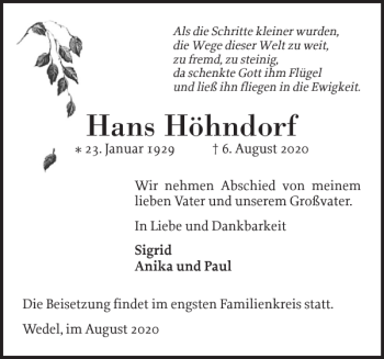 Traueranzeige von Hans Höhndorf von Wedel-Schulauer Tageblatt