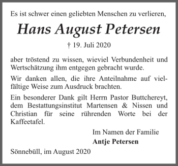Traueranzeige von Hans August Petersen von Husumer Nachrichten