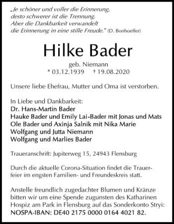 Traueranzeige von Hilke Bader von Flensburger Tageblatt