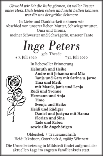 Traueranzeige von Inge Peters von Husumer Nachrichten