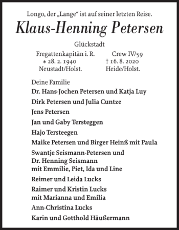 Traueranzeige von Klaus-Henning Petersen von Norddeutsche Rundschau