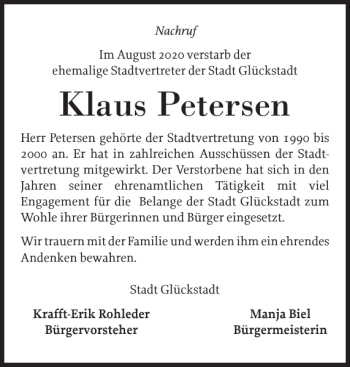 Traueranzeige von Klaus Petersen von Norddeutsche Rundschau
