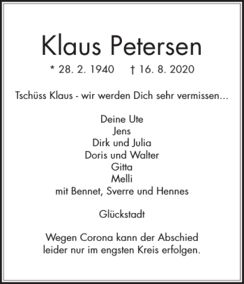 Traueranzeige von Klaus Petersen von Norddeutsche Rundschau