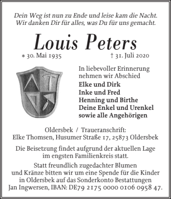 Traueranzeige von Louis Peters von Husumer Nachrichten
