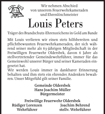 Traueranzeige von Louis Peters von Husumer Nachrichten