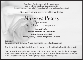 Traueranzeige von Margret Peters von Husumer Nachrichten