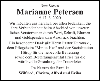Traueranzeige von Marianne Petersen von Flensburger Tageblatt
