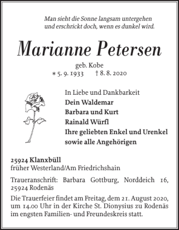 Traueranzeige von Marianne Petersen von Sylter Rundschau