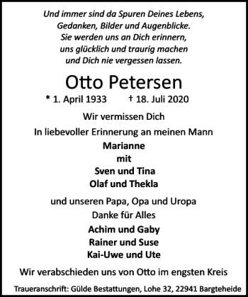 Traueranzeige von O o Petersen von Stormarner Tageblatt