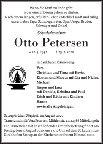 Traueranzeige von Otto Petersen von Flensburger Tageblatt