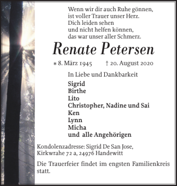 Traueranzeige von Renate Petersen von Flensburger Tageblatt
