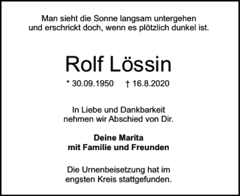 Traueranzeige von Rolf Lössin von Holsteinischer Courier