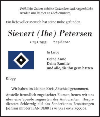 Traueranzeige von Sievert Ibe Petersen von Flensburger Tageblatt