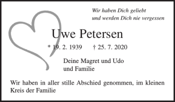 Traueranzeige von Uwe Petersen von Pinneberger Tageblatt