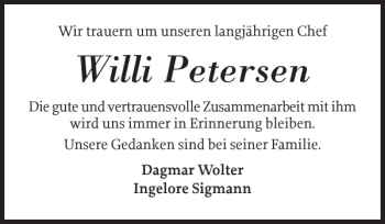 Traueranzeige von Willi Petersen von Sylter Rundschau
