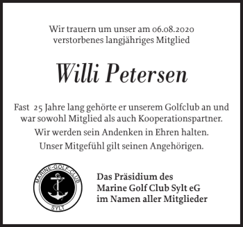Traueranzeige von Willi Petersen von Sylter Rundschau