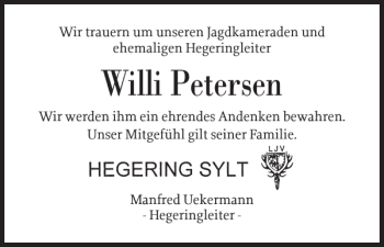 Traueranzeige von Willi Petersen von Sylter Rundschau