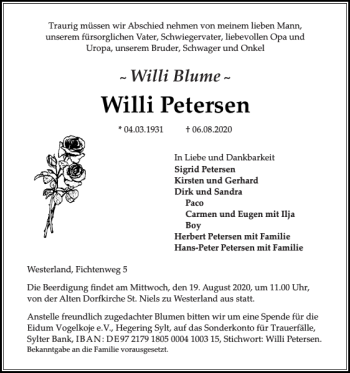Traueranzeige von Willi Petersen von Sylter Rundschau