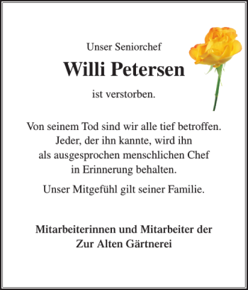 Traueranzeige von Willi Petersen von Sylter Rundschau