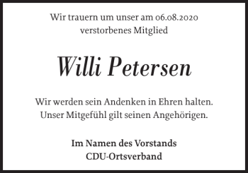 Traueranzeige von Willi Petersen von Sylter Rundschau