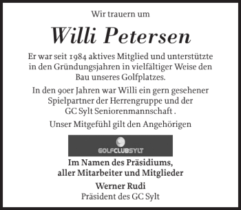 Traueranzeige von Willi Petersen von Sylter Rundschau