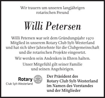 Traueranzeige von Willi Petersen von Sylter Rundschau