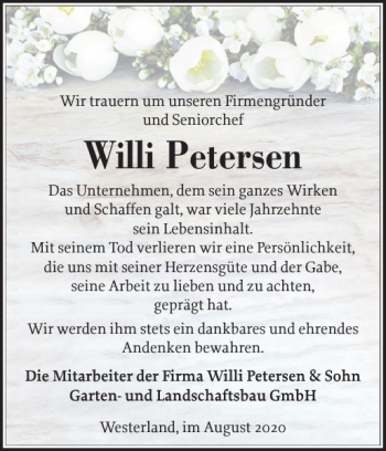 Traueranzeige von Willi Petersen von Sylter Rundschau