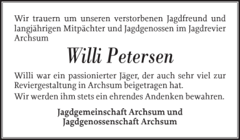 Traueranzeige von Willi Petersen von Sylter Rundschau