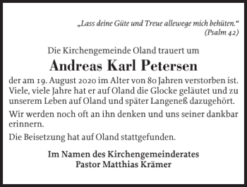 Traueranzeige von Andreas Karl Petersen von Husumer Nachrichten