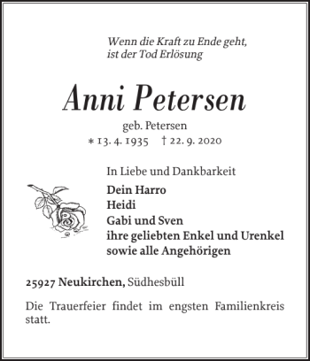 Traueranzeige von Anni Petersen von Nordfriesland Tageblatt