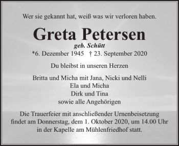 Traueranzeige von Greta Petersen von Flensburger Tageblatt