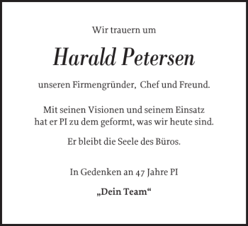 Traueranzeige von Harald Petersen von Flensburger Tageblatt