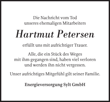 Traueranzeige von Hartmut Petersen von Sylter Rundschau