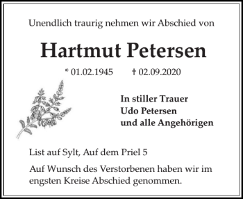 Traueranzeige von Hartmut Petersen von Sylter Rundschau
