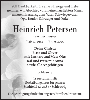 Traueranzeige von Heinrich Petersen von Schleswiger Nachrichten