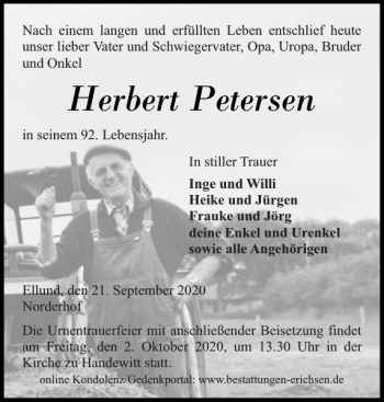 Traueranzeige von Herbert Petersen von Flensburger Tageblatt