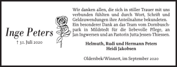 Traueranzeige von Inge Peters von Husumer Nachrichten