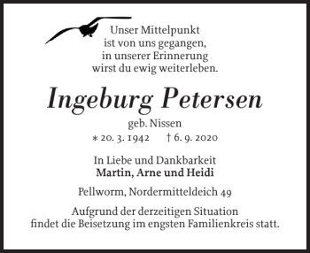 Traueranzeige von Ingeburg Petersen von Husumer Nachrichten