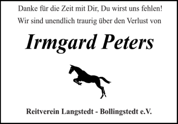 Traueranzeige von Irmgard Peters von Flensburger Tageblatt