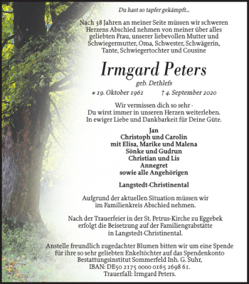 Traueranzeige von Irmgard Peters von Flensburger Tageblatt