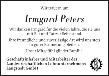 Traueranzeige von Irmgard Peters von Flensburger Tageblatt