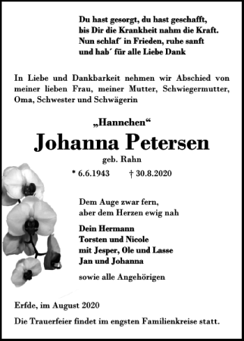 Traueranzeige von Johanna Petersen von Landeszeitung